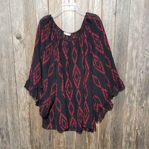 R Rouge 2X Women's Top Blouse Black Burgundy Bell 3/4 Sleeve Boho Ruffle Plus
